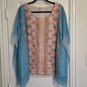 Reba Embellished Blouse Women’s 2X Teal and Coral Patterned Blouse